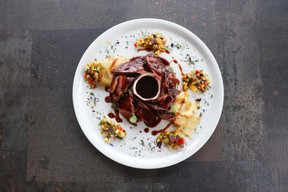 Teriyaki marinated duck breast tagliata with grapefruit juice, passion fruit sauce, potato and pear pappardelle Marie Russillo (Maison Moderne)