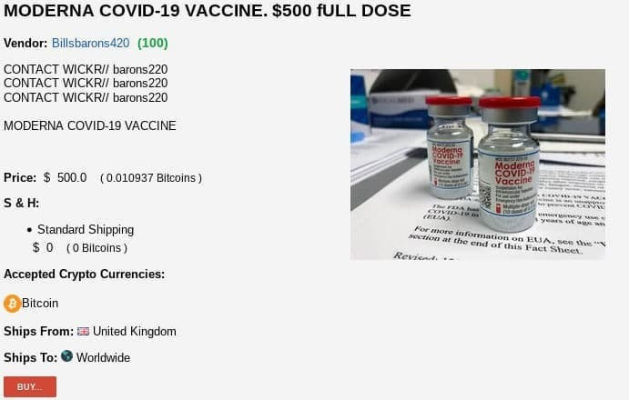 Une des annonces repérées par Kaspersky sur le darkweb, qui propose des doses de vaccin. (Source: Kaspersky)