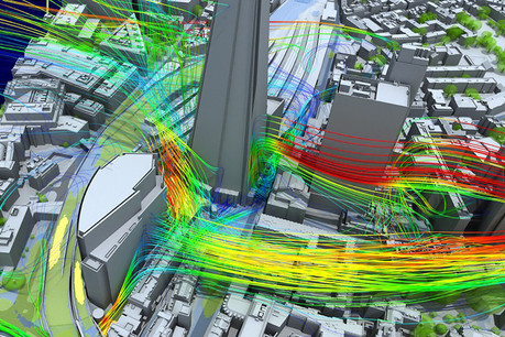 Sur cette simulation de Simscale, plus la couleur quitte le vert, plus les vents sont inconfortables pour les piétons. Les calculs sur le HPC permettront aux ingénieurs et architectes d’ajuster le design urbain. (Photo d’illustration: Simscale)