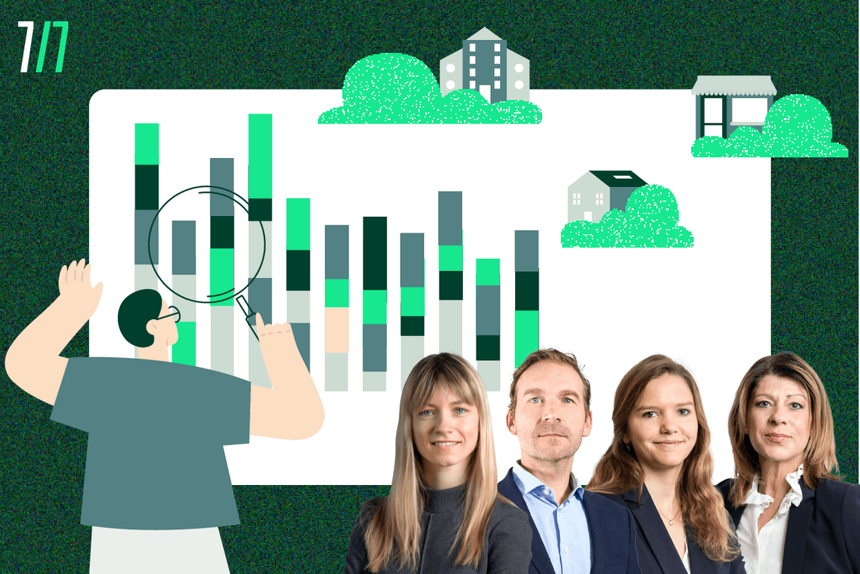 Barbara Streibel, Senior Consultant, Jérôme Coppée, Director Capital Markets, Clémence Lett, Senior Consultant dans le département Office, et Virginie Chambon, Director Investor Leasing Retail, présentent leurs prévisions dans leurs secteurs pour cette année 2024. (Crédit illustration: Maison Moderne; crédit photo: Maison Moderne et CBRE)