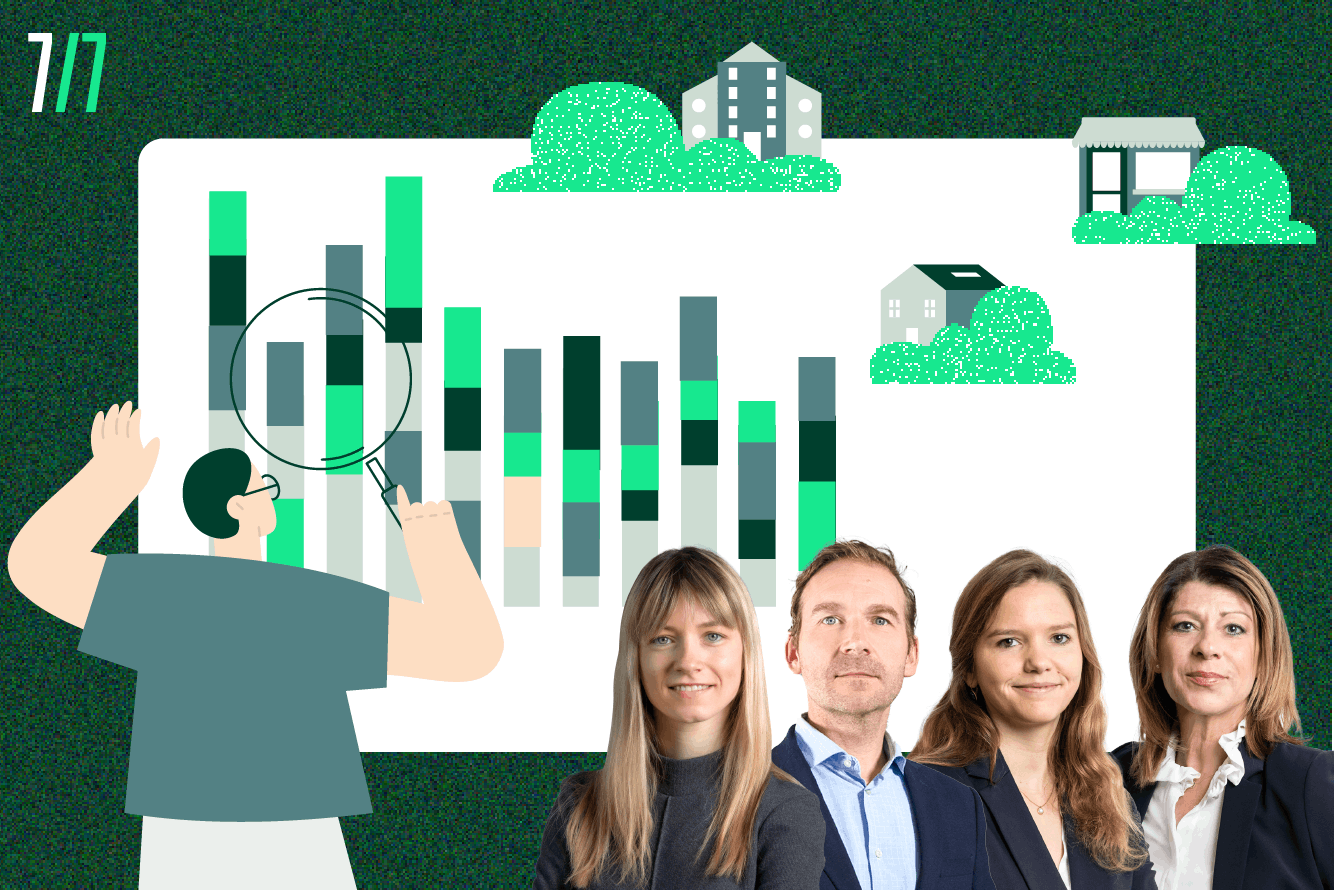 Barbara Streibel, Senior Consultant, Jérôme Coppée, Director Capital Markets, Clémence Lett, Senior Consultant dans le département Office, et Virginie Chambon, Director Investor Leasing Retail, présentent leurs prévisions dans leurs secteurs pour cette année 2024. (Crédit illustration: Maison Moderne; crédit photo: Maison Moderne et CBRE)