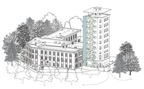 3D view of the Villa Louvigny renovation project, with the new staircase and lift in the tower. Illustration: Jim Clemes Associates