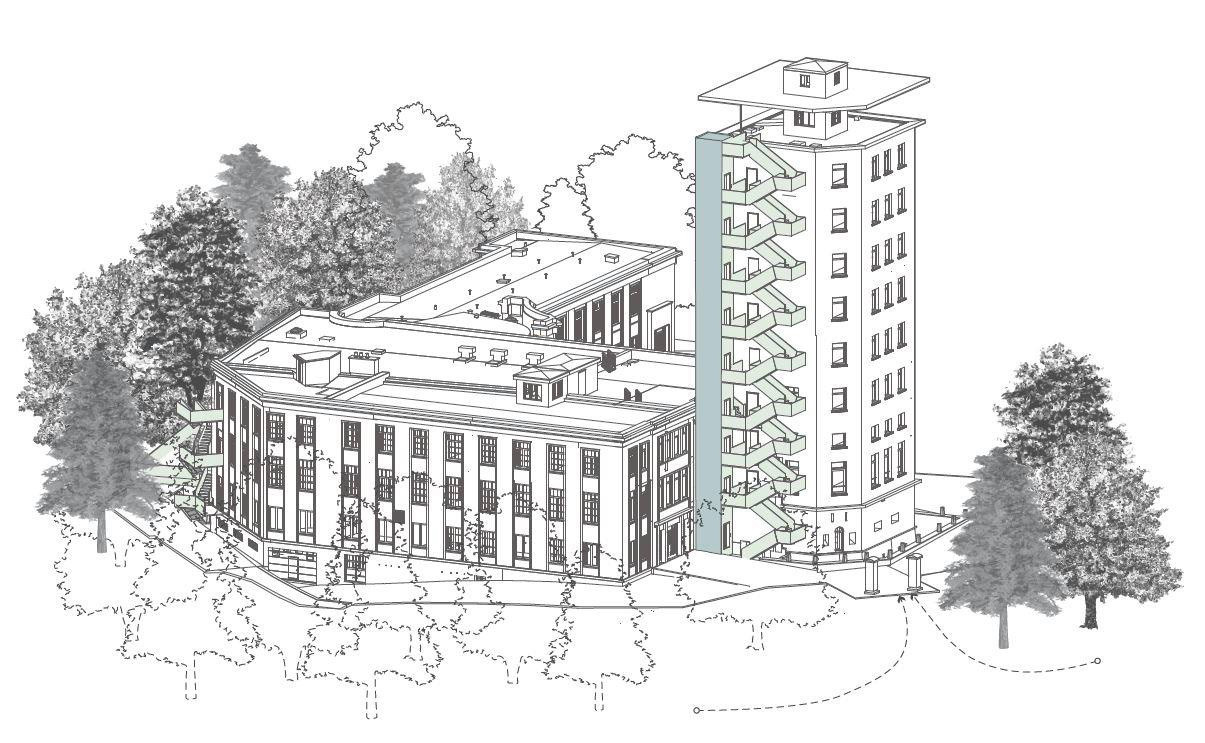 3D view of the Villa Louvigny renovation project, with the new staircase and lift in the tower. Illustration: Jim Clemes Associates