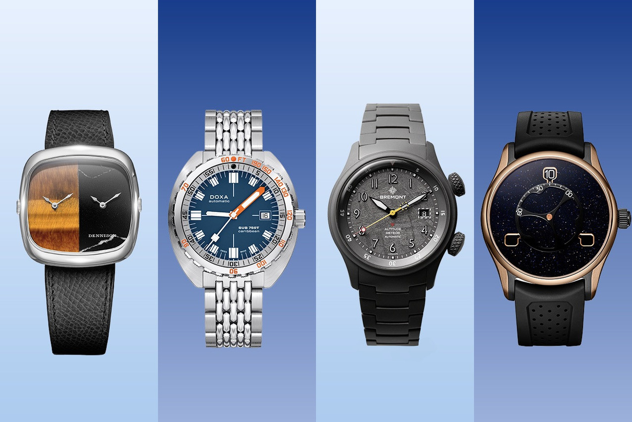 From left to right: Dennison ALD Dual Time, Doxa Sub 750T, Bremont Altitude Mb Meteor Stealth Grey, H.Moser Flying Hours. (Photos: DR; photomontage: Paperjam)