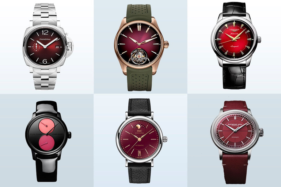 Burgundy dials, the trend of the moment. Photos: IWC, Raymond Weil, Longines, H. Moser & Cie, Panerai and Louis Erard