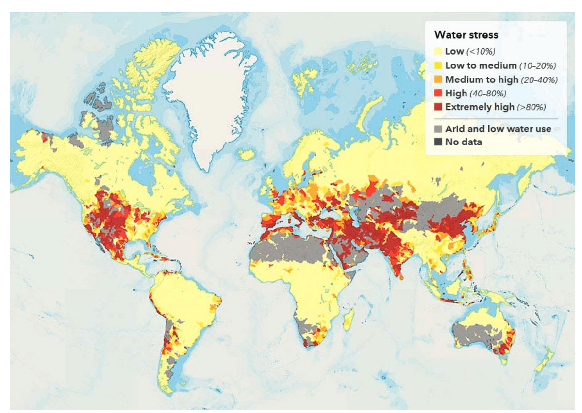 Data accessed March 18, 2022. The chart shows projected water stress levels for 2030 in a "business-as-usual" climate change scenario, under which global greenhouse gas emissions continue growing at their current pace. The World Resource Institute defines water stress as the ratio of total water withdrawals to available renewable surface and groundwater supplies. Higher water stress levels indicate more competition among water users. World Resource Institute Aqueduct, OpenStreetMap. 