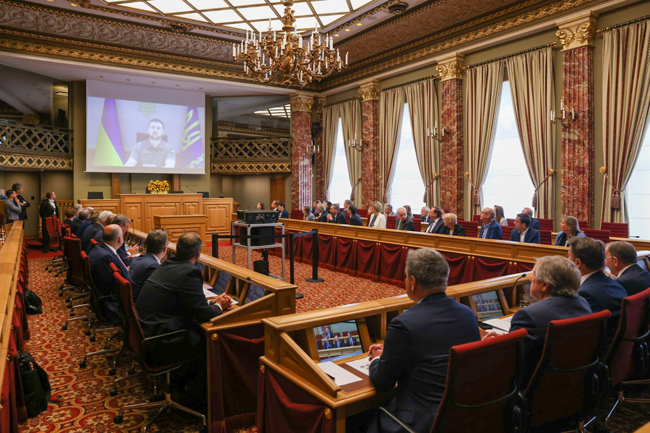 Volodymyr Zelenskyy speaking in Luxembourg’s parliament on 2 June  Photo: Romain Gamba / Maison Moderne