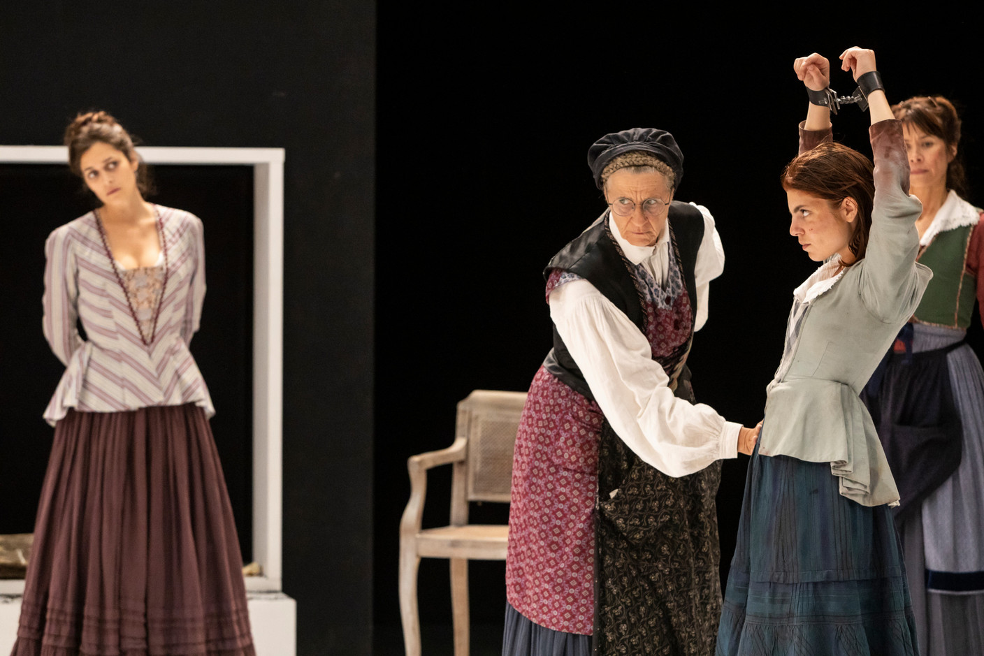 In “Le Firmament,” 12 women must decide the fate of a condemned maid in 1759, under pressure from a society eager for justice. Photo: Victor Tonelli/Escher Theater