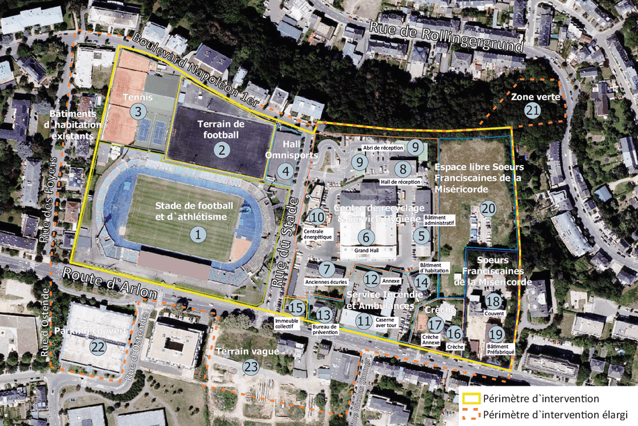 The opening of the new national stadium at the Cloche d’Or will free up Josy Barthel stadium, pictured in the aerial photo above (Illustration: City of Luxembourg)