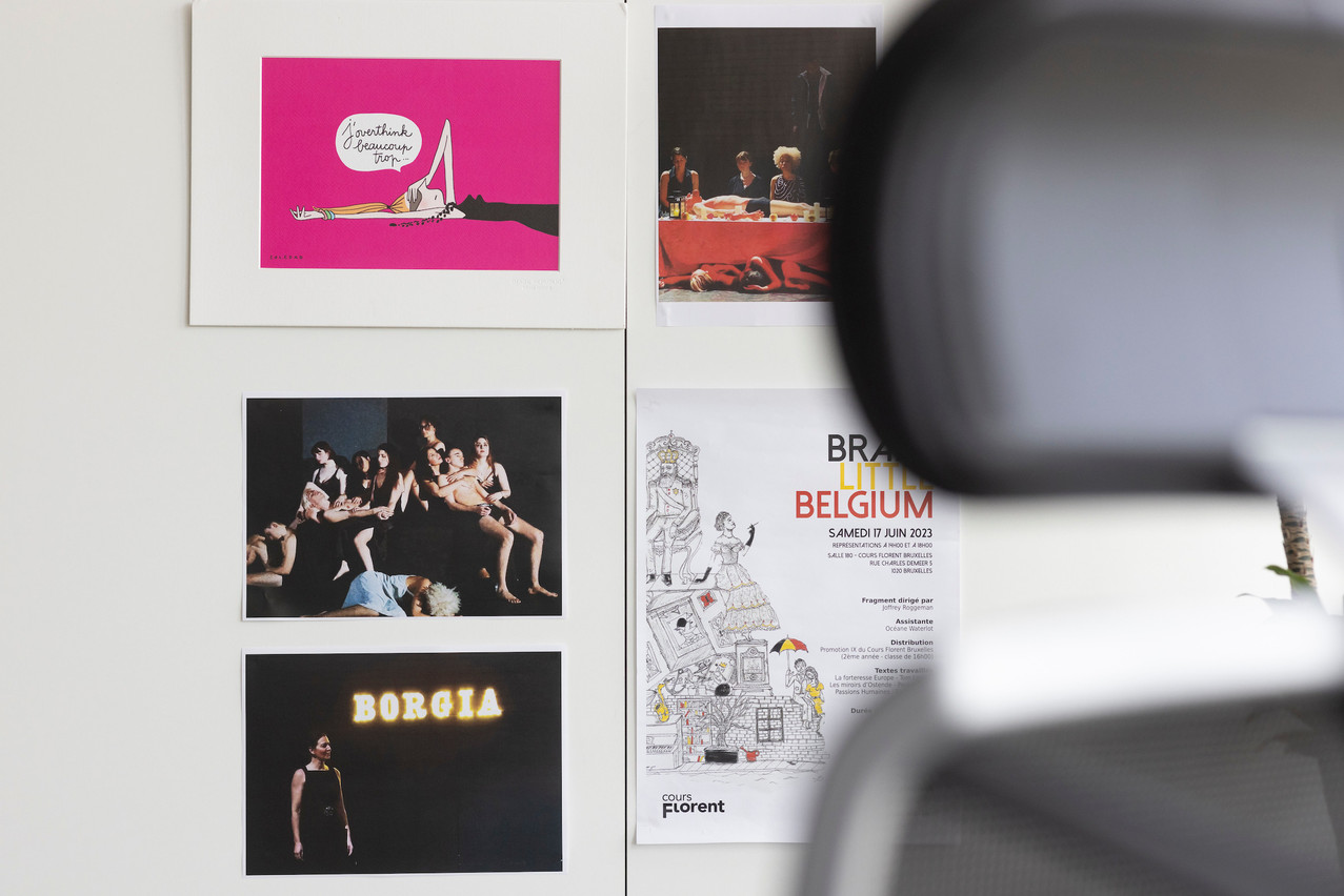 On Anne Catherine Grave’s office wall: a cartoon, plus photos and a poster from her drama studies. Photo: Guy Wolff/Maison Moderne