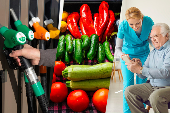 Filling up with petrol was cheaper in June. However, the prices of tomatoes, courgettes and other summer vegetables (+11.1%), as well as the costs of care homes and nursing homes (+5.1%), rose. (Photos: Guy Wolff/archive, Shutterstock)