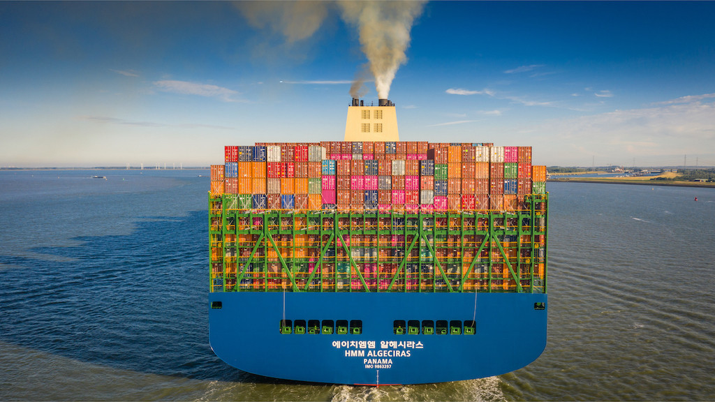The world’s biggest container ship, the HMM Algeciras, on the Western Scheldt in the Netherlands in June 2020. Shutterstock/ArnoudNL