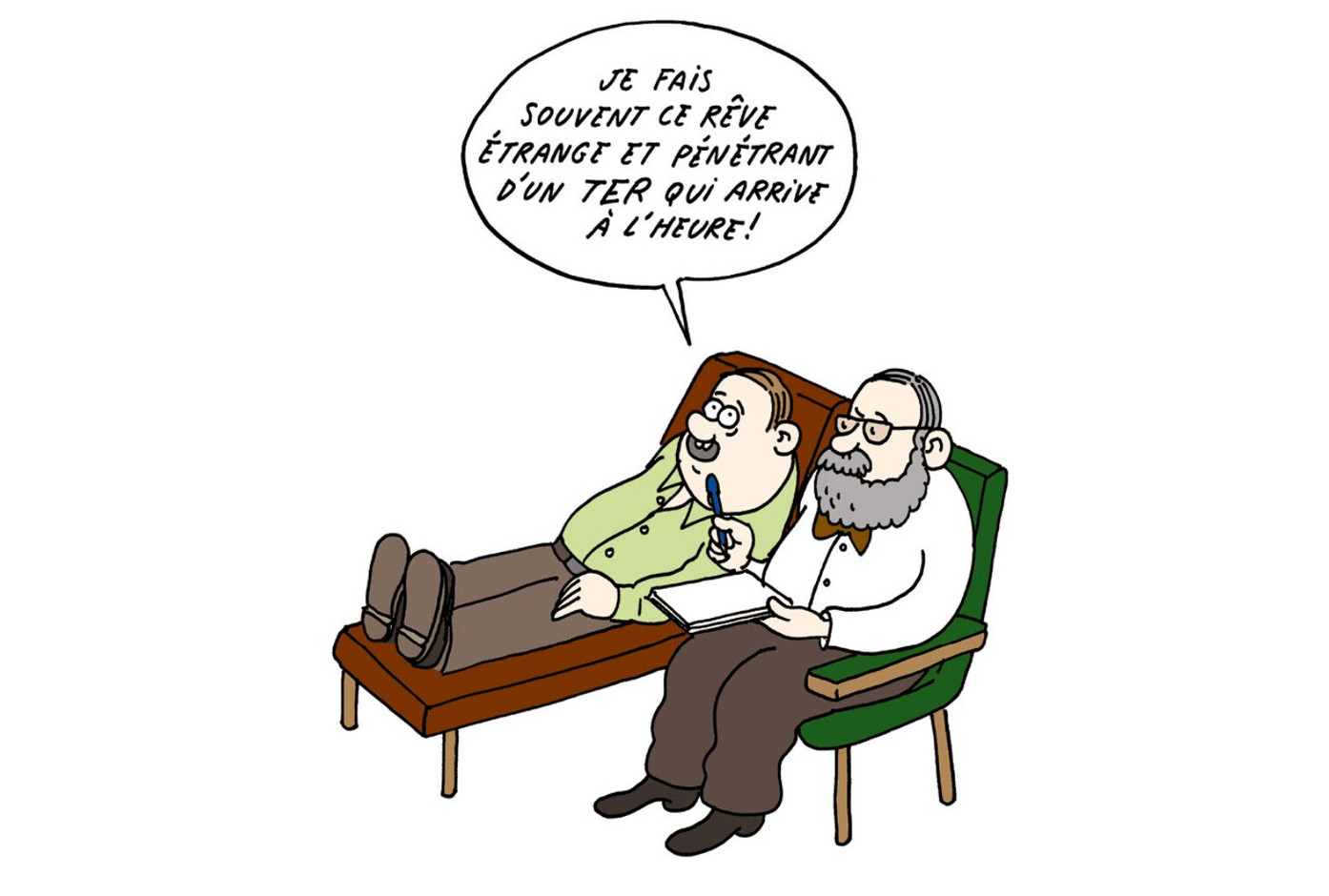 Les mots de Pierre Théobald et les dessins de Yan Lindingre dressent un portrait humoristique des «naufragés» du TER !   (Yan Lindingre)