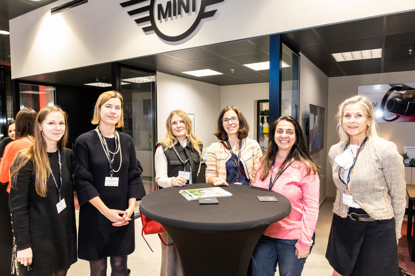 Emilie Scheidt (Savile Law), Svetlana Grishankova (PWC), Catherine Warnotte (Sedna Capital), Ines Calderon, Juliana Lanel Mion (Intelsat) and Simone Van Schouwenburg (Spuerkeess) during the ‘Let’s Taste: Wow’ event at the Mini dealership in Cloche d’Or on Thursday 25 January 2024. Photo: Marie Russillo/Maison Moderne