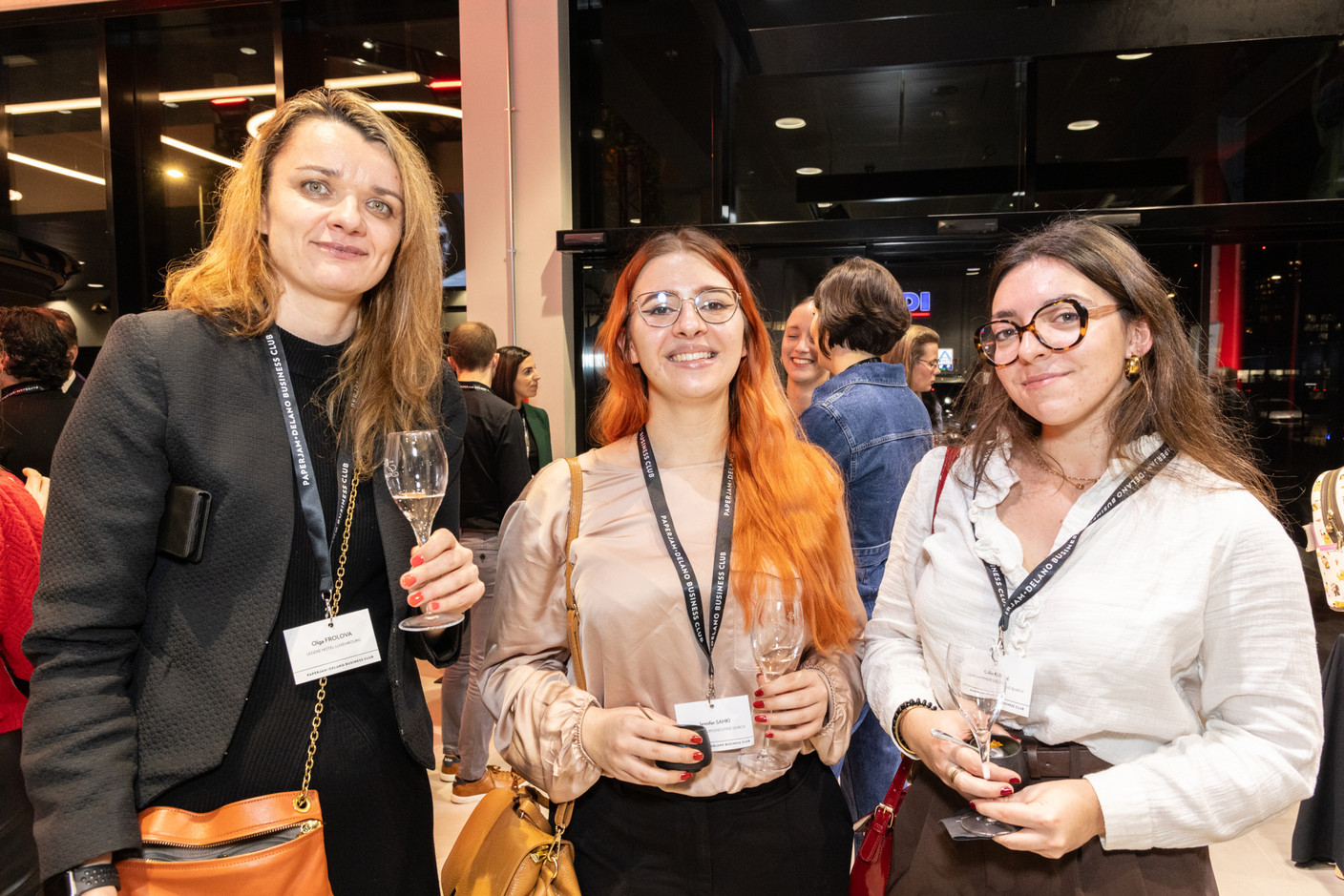 Olga Frolova (Légère Hôtel Luxembourg), Jennifer Sahki (Morgan Philips Executive Search) and Célia Klein (Morgan Philips Executive Search) during the ‘Let’s Taste: Wow’ event at the Mini dealership in Cloche d’Or on Thursday 25 January 2024. Photo: Marie Russillo/Maison Moderne