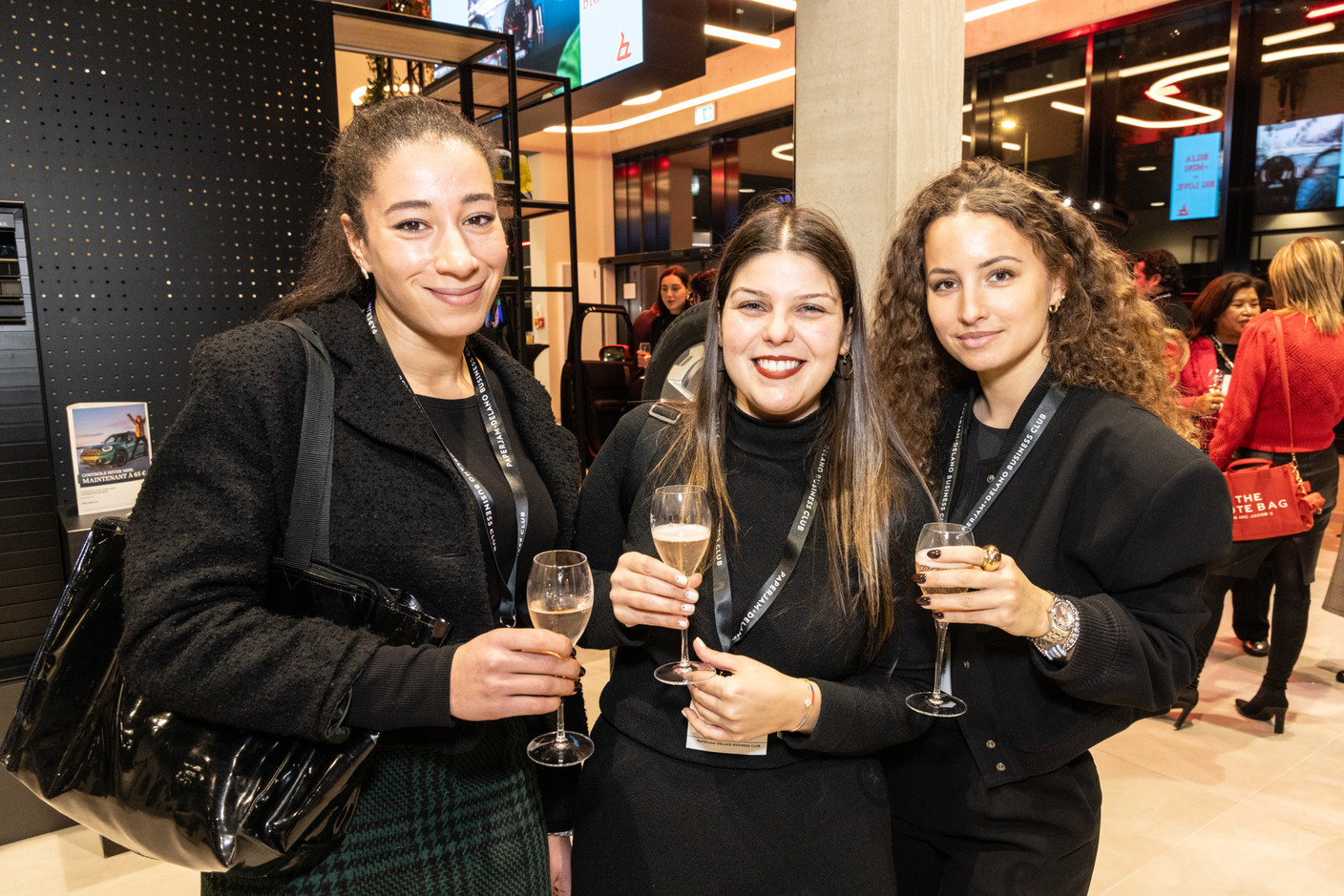 Sonia Zeniti (E2M) Margarida Franco and Manon Fornieri (Ethikos Luxembourg) during the ‘Let’s Taste: Wow’ event at the Mini dealership in Cloche d’Or on Thursday 25 January 2024. Photo: Marie Russillo/Maison Moderne