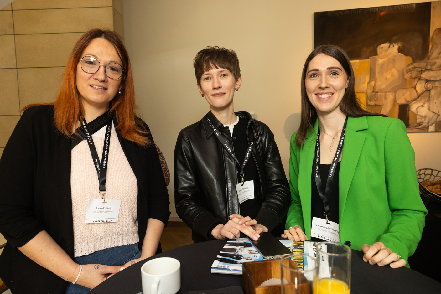 Alyson Kremer (EPI - Groupe Deniz Lux), Olesia Soudière (Bureau Moderne Group) and Ama Annika Grobecker (Emotional Inspiration) at the Paperjam Club’s workshop day held at Neimënster Abbey, 8 April 2025. Photo: Eva Krins/Maison Moderne