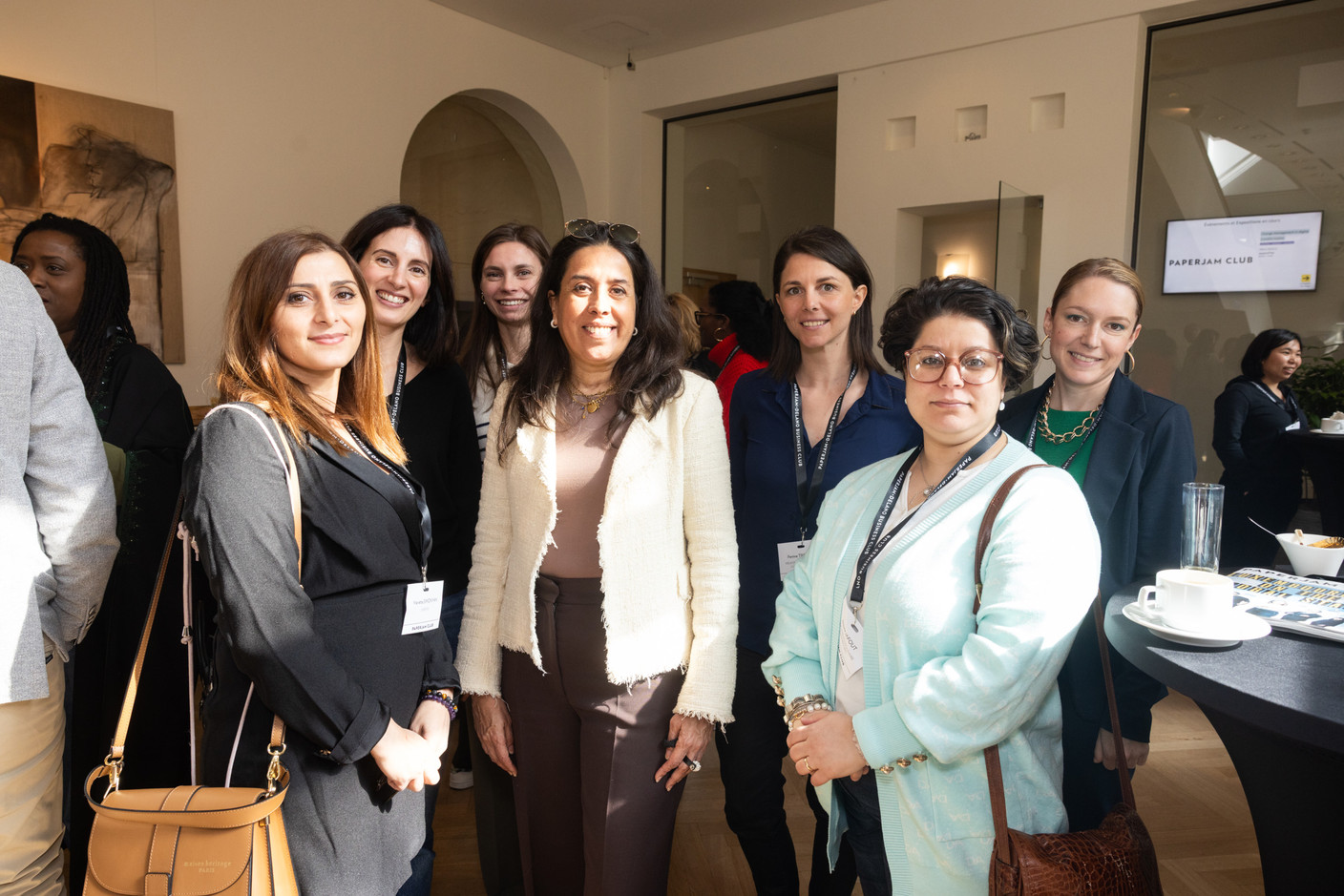 Marietta Simonyan (Sherpas), Manel Berrahal, Natalia Przybyslawska (Stellar), Aida May (Fund Channel), Perrine Tronçon (Welkom), Noura Jafout (Fiduciaire Ecosolidaire Luxembourg) and Virginie Laurent (Paperjam Club) at the Paperjam Club’s workshop day held at Neimënster Abbey, 8 April 2025. Photo: Eva Krins/Maison Moderne