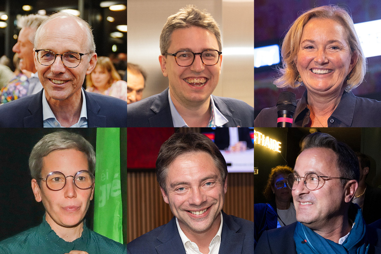From left to right, top to bottom: Luc Frieden (CSV), Sven Clement (Pirates), Paulette Lenert (LSAP), Sam Tanson (déi Gréng), Fred Keup (ADR) and Xavier Bettel (DP). The main front-runners in these legislative elections now know where they stand. Photos: Maison Moderne