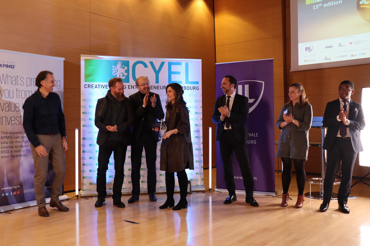 Last year’s CYEL winner, Tahereh Pazouki, is congratulated at the awards ceremony in Luxembourg. She since went on to win the European Creative Young Entrepreneur award.  Soufiane Laachach