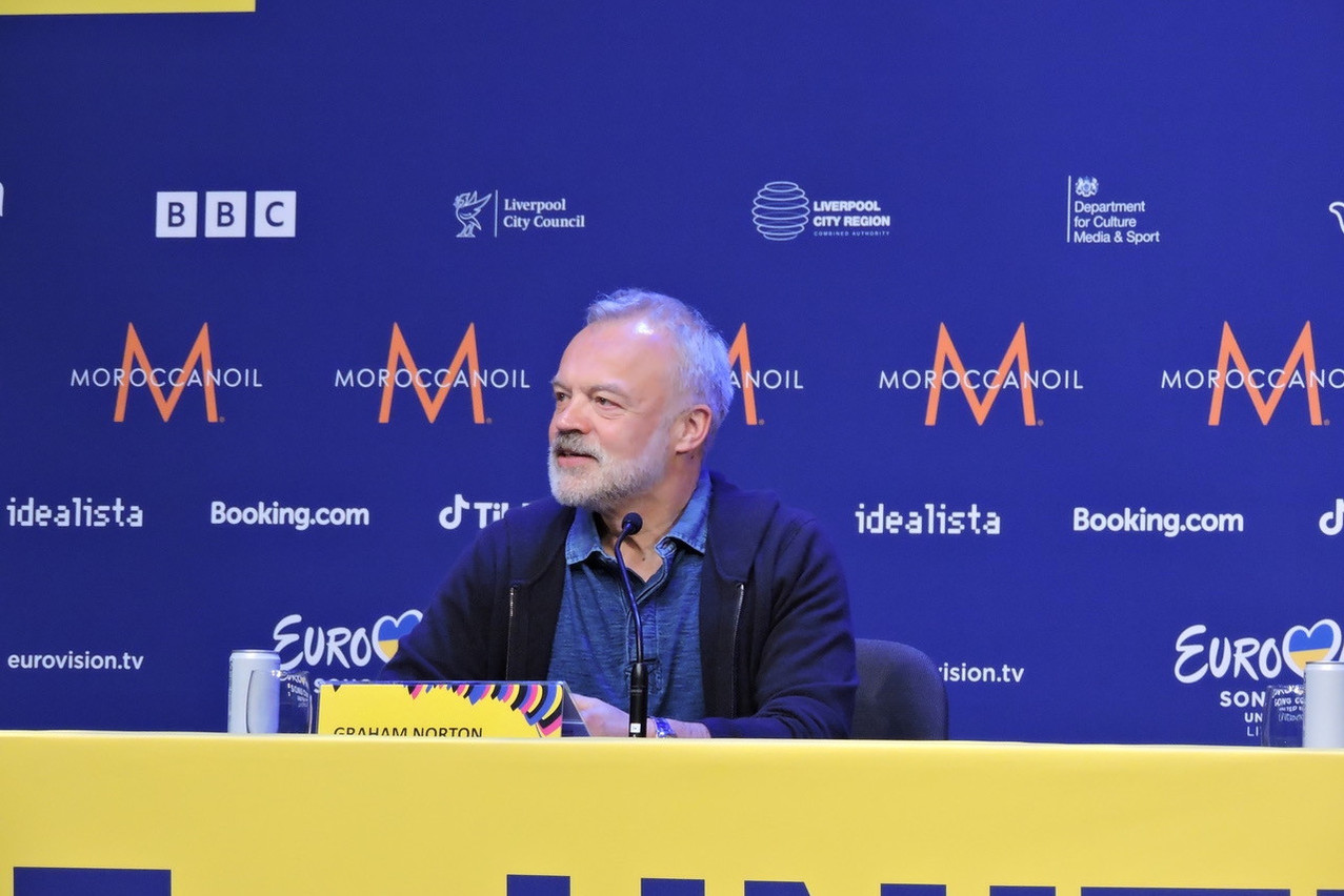 Graham Norton, one of this year’s presenters, at the Eurovision Song Contest press conference in Liverpool, 12 May 2023. Photo: Neel Chrillesen