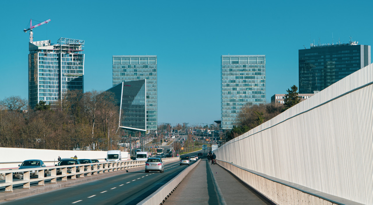 Kirchberg, Luxembourg – Bridge with views of the skyscrapers in the modern Kirchberg district  JackKPhoto/Shutterstock.  No use without permission.